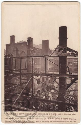 Aftermath of a fire in Moorgate, 1889